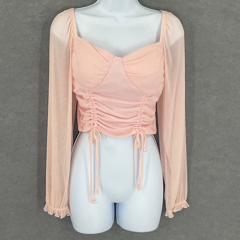 Madden NYC Pink Ribbed Ruched Cinched Sweetheart Sheer Sleeve Crop Top Sz M